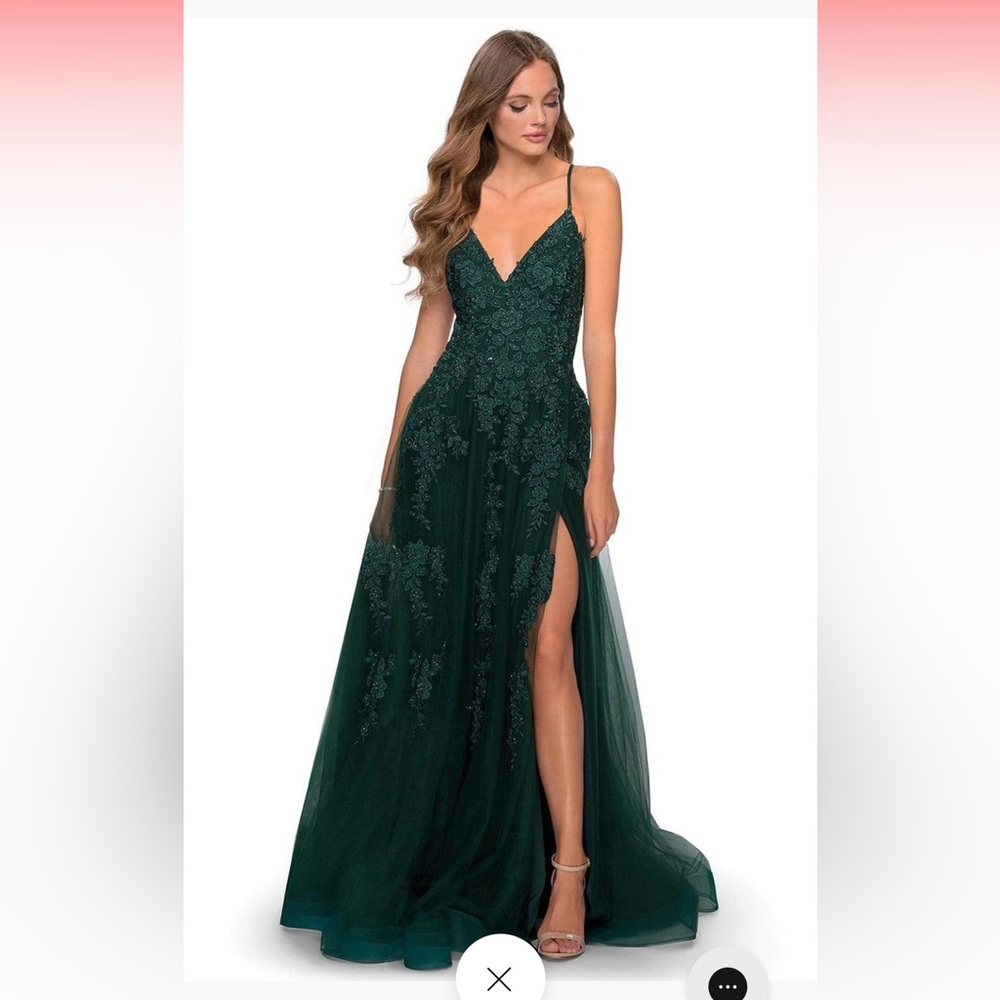 La Femme - 28985 Floral Lace Embroidered Deep V-neck A-line Gown
